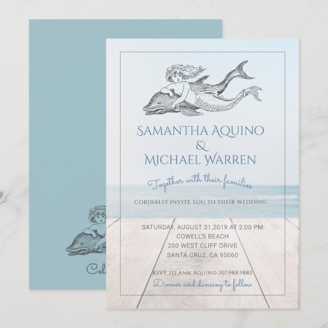 Invitation Mermaid Et Dolphin Beach Mariage (Devant / Derrière)