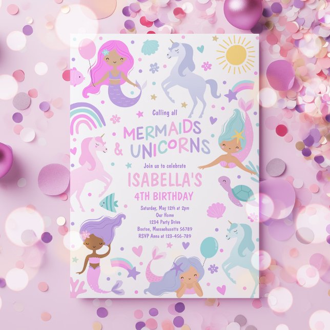 Invitation Mermaid Et Unicorn Fête Magique Anniversaire (Créateur téléchargé)