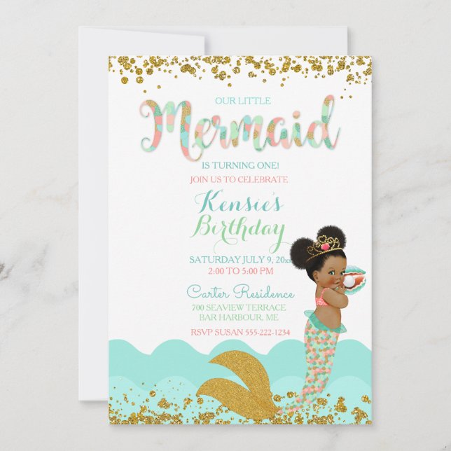Invitation Mermaid Girl African American Girl Peach Mint Gold (Devant)