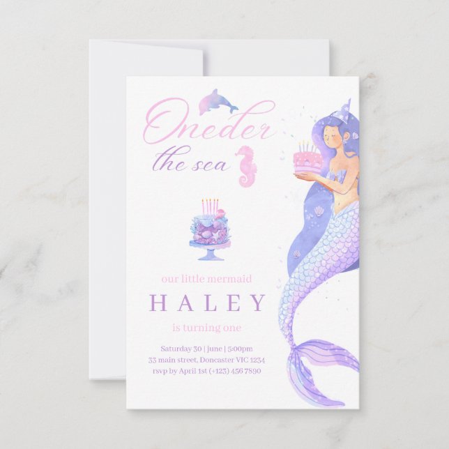 Invitation Mermaid Girly Oneder la mer 1er Baby Birthday (Devant)