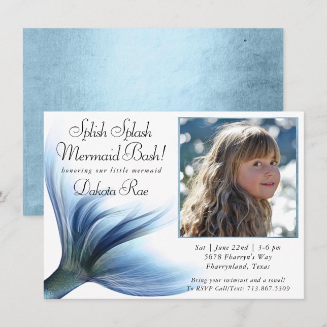 Invitation Mermaid Glam | Dusty Ice Blue Photo Splish Splash (Devant / Derrière)