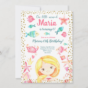 Invitation Mermaid Gold Confetti Sea Girl Anniversaire