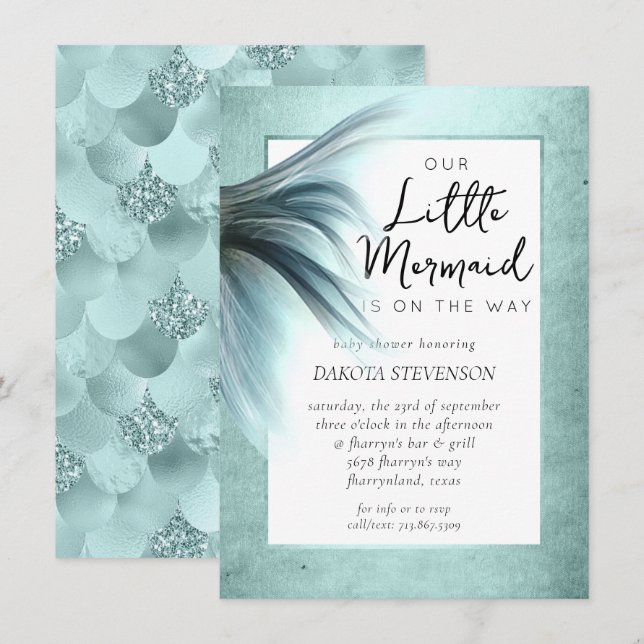Invitation Mermaid Luxe | Monnaie de mer Green Aqua Douche (Devant / Derrière)