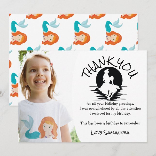 Invitation Mermaid Merci fête d'anniversaire (Devant / Derrière)