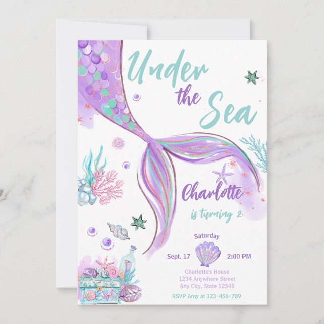 Invitation Mermaid Mette Sous La Parties scintillant De Mer A (Devant)