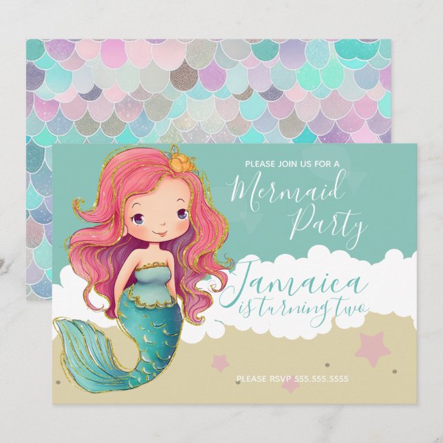 Invitation Mermaid Ocean Beach Sable d'anniversaire (Devant / Derrière)