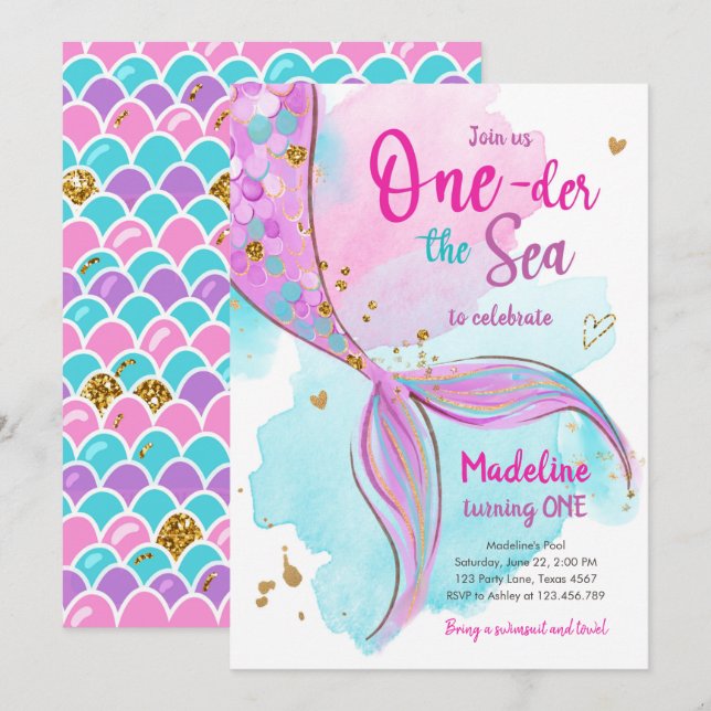 Invitation Mermaid One Sea Pool Party Fille premier anniversa (Devant / Derrière)