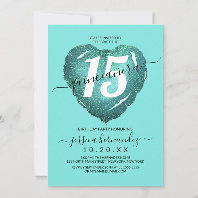 Invitation Mermaid Parties scintillant Turquoise Coeur Balloo (Devant)