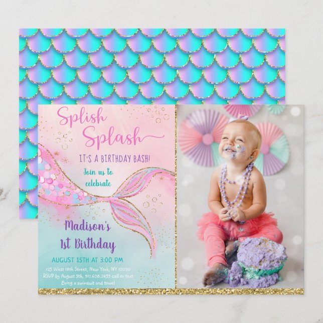 Invitation Mermaid Pink Gold Anniversaire (Devant / Derrière)