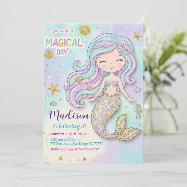 Invitation Mermaid Pink Purple Birthday (Debout devant)