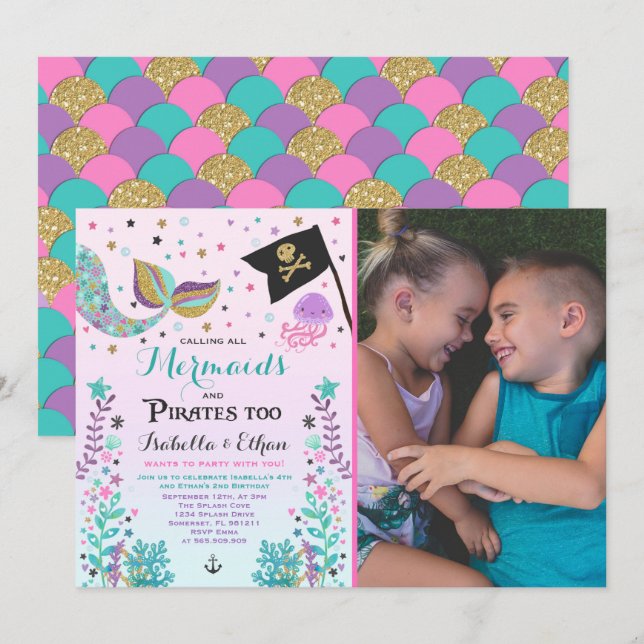 Invitation Mermaid & Pirate Birthday Sibling Boy Girl Invitat (Devant / Derrière)
