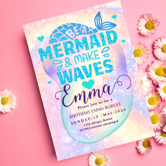 Invitation Mermaid Pool mer Party Pink anniversaire lumineux
