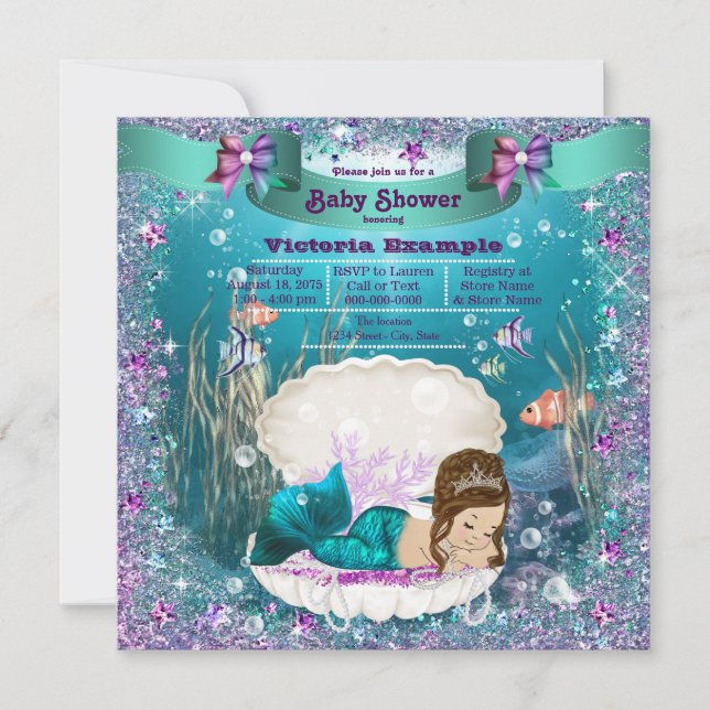 Invitation Mermaid Princess Baby shower fille (Devant)