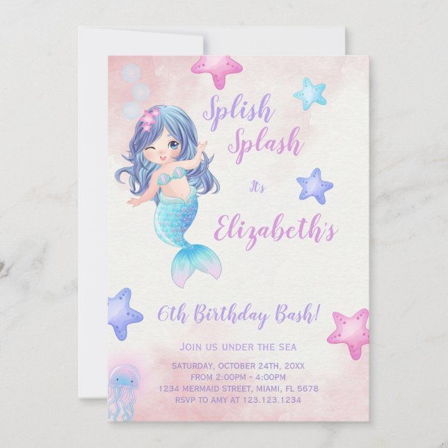 Invitation Mermaid Purple Under the sea anniversaire Invitati (Devant)