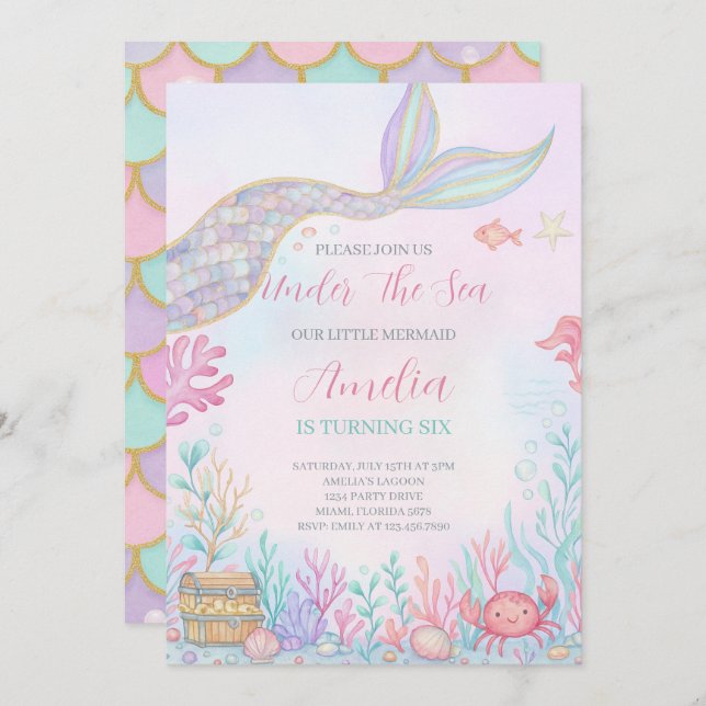 Invitation Mermaid Queue Sous L'Invitation D'Anniversaire En  (Devant / Derrière)