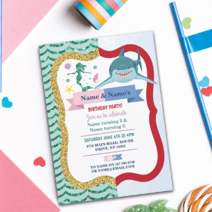 Invitation Mermaid & Shark Joint Boy Girl Anniversaire