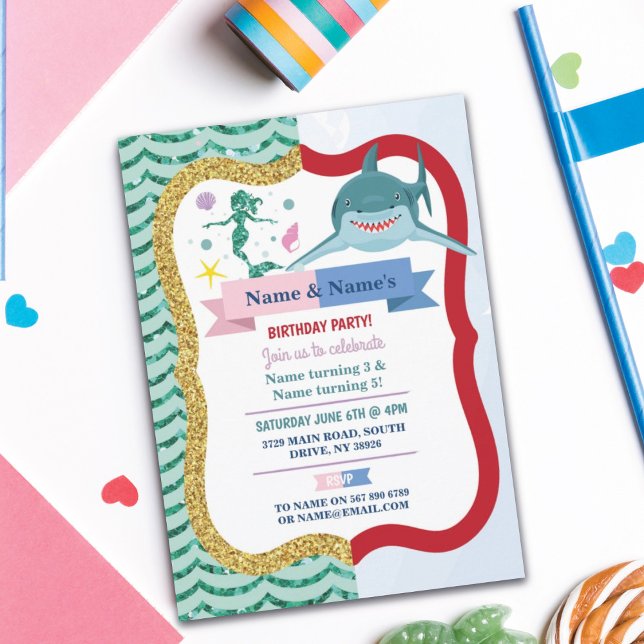 Invitation Mermaid & Shark Joint Boy Girl Anniversaire (Créateur téléchargé)