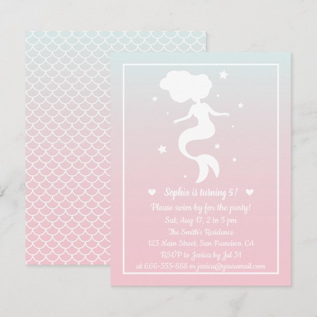 Invitation Mermaid Silhouette Girls Ombre fête d'anniversaire (Devant / Derrière)