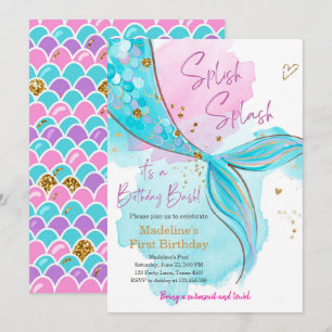 Invitation Mermaid Splish Pool Party Fille Anniversaire