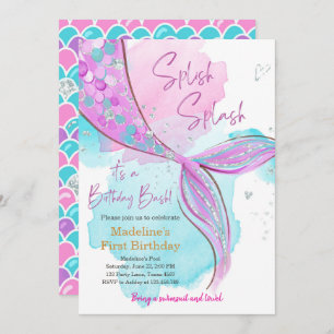 Invitation Mermaid Splish Pool Party Fille Anniversaire