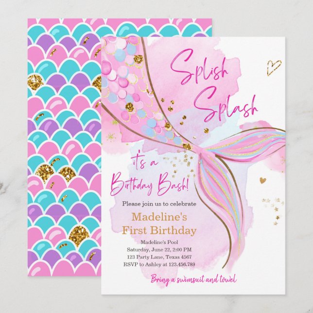 Invitation Mermaid Splish Pool Party Fille Anniversaire Inv (Devant / Derrière)
