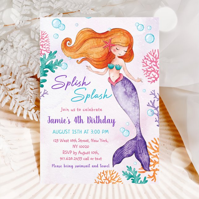 Invitation Mermaid Splish Splash 4e fête d'anniversaire (Créateur téléchargé)
