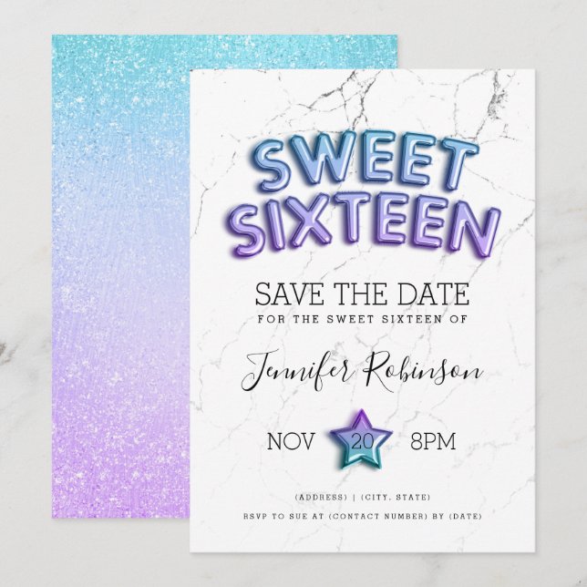 Invitation Mermaid Sweet 16 Enregistrer La Parties scintillan (Devant / Derrière)
