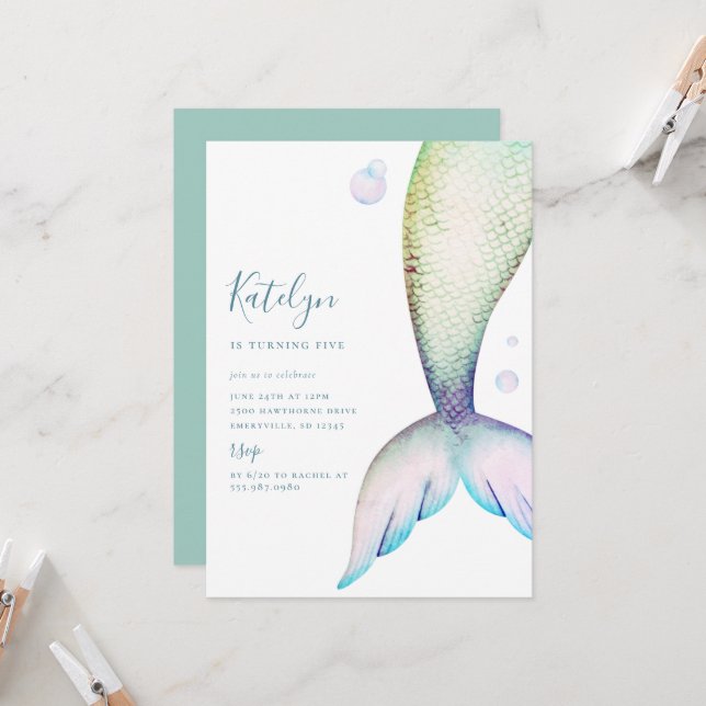 Invitation Mermaid Tail Anniversaire (Devant/Arrière en situation)