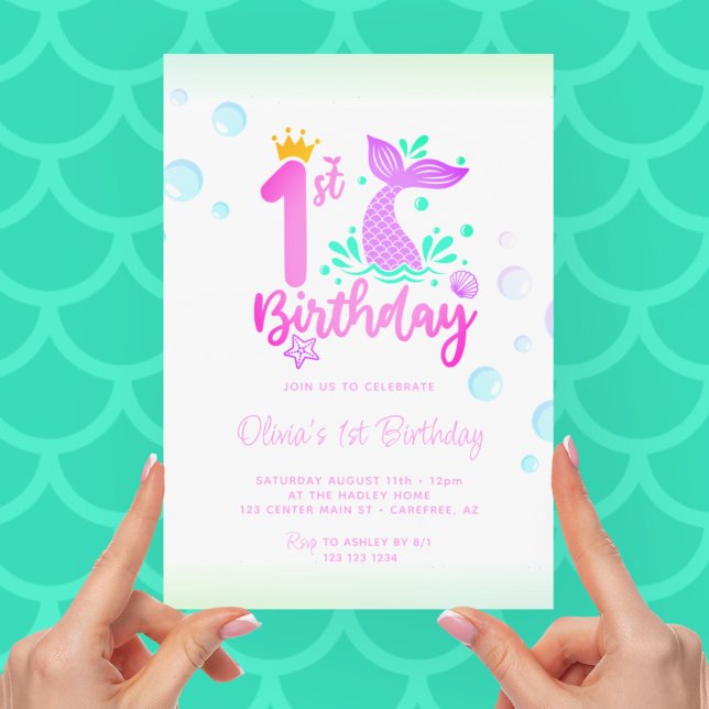 Invitation Mermaid Tail Cute Aquarelle 1er anniversaire (Créateur téléchargé)