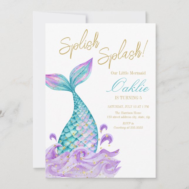 Invitation Mermaid Tail Girl Aquarelle fête d'anniversaire (Devant)
