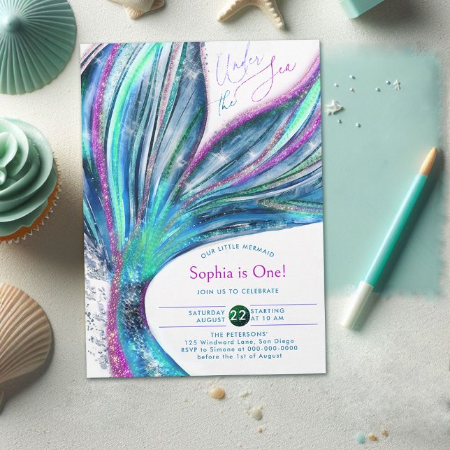 Invitation Mermaid Tail Iridescente Parties scintillant Mer 1 (mermaid birthday invitation 1st under sea onederful girl party holographic glitter cute watercolor)
