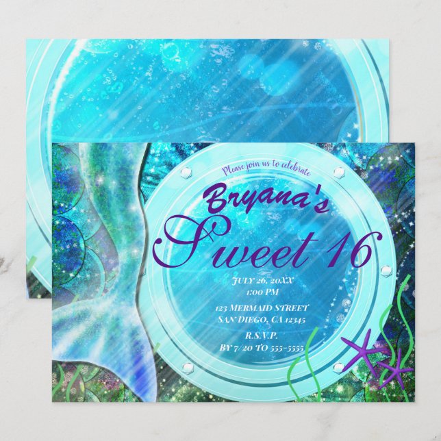 Invitation Mermaid Tail Magic Under the Sea Sweet 16 Annivers (Devant / Derrière)