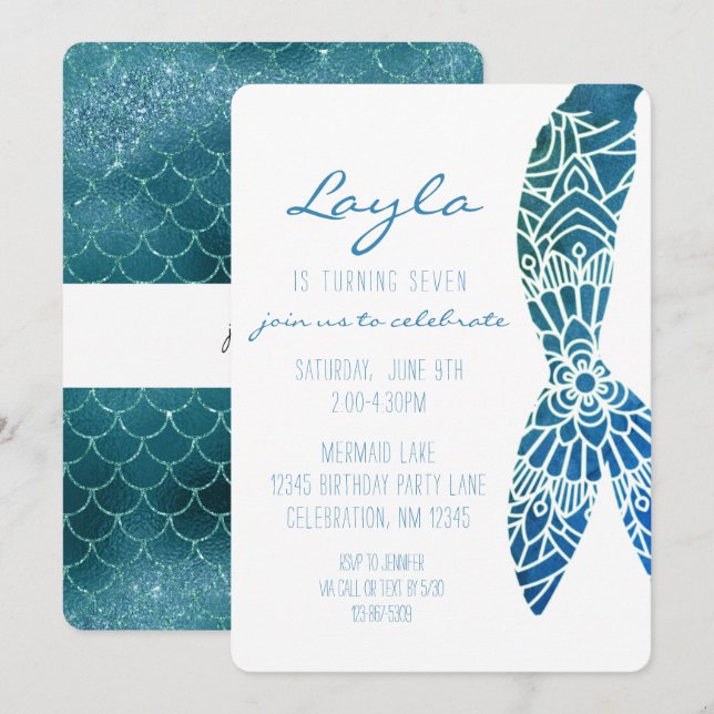 Invitation Mermaid Tail Under the Sea Girl Birthday Invitatio (Devant / Derrière)
