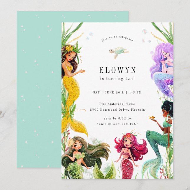 Invitation Mermaid Thème fête d'anniversaire (Devant / Derrière)