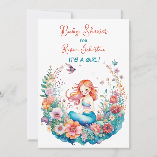 Invitation Mermaid Thème Floral Baby shower de fille (Devant)