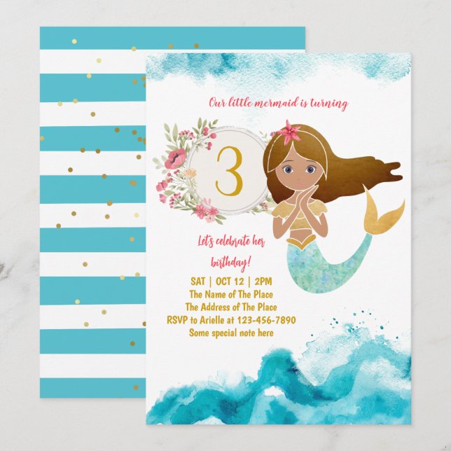 Invitation Mermaid Thème Sous La Mer Bébé Fille 3ème Annivers (Devant / Derrière)