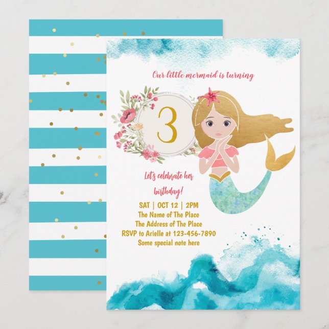 Invitation Mermaid Thème Sous La Mer Bébé Fille 3ème Annivers (Devant / Derrière)