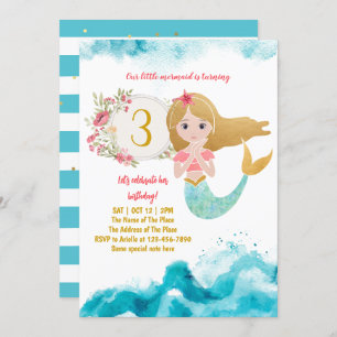 Invitation Mermaid Thème Sous La Mer Bébé Fille 3ème Annivers