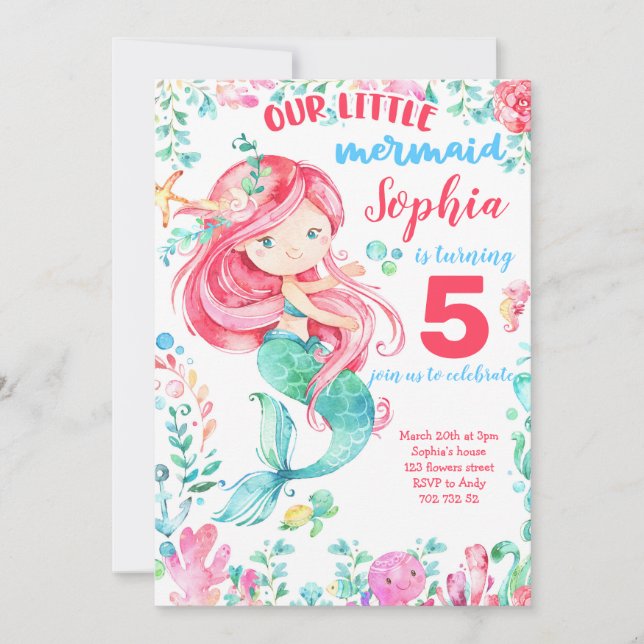 Invitation Mermaid Under the Sea Girl Ocean Summer Anniversai (Devant)