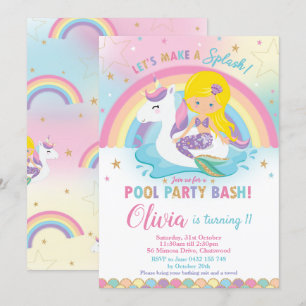 Invitation Mermaid Unicorn Pool Party Anniversaire Blonde