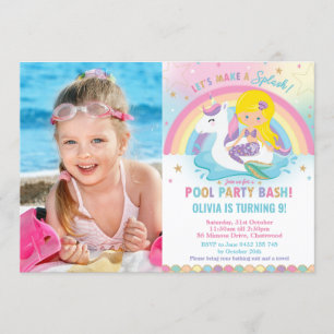 Invitation Mermaid Unicorn Pool Party Anniversaire Blonde Pho