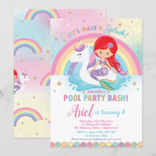 Invitation Mermaid Unicorn Pool Party Anniversaire Red Hair G