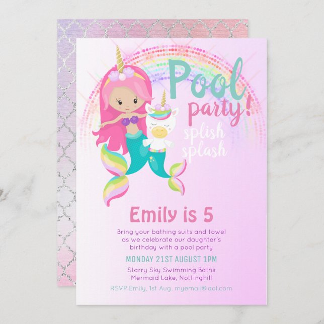 Invitation Mermaid Unicorn Pool Party Rose Blue Girl (Devant / Derrière)