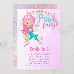 Invitation Mermaid Unicorn Pool Party Rose Blue Girl