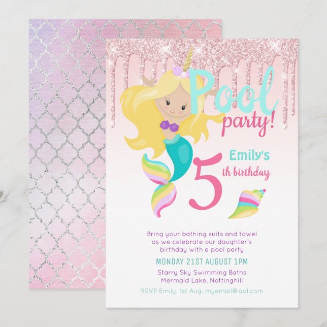 Invitation Mermaid Unicorn Pool Party Rose Blue Girl (Devant / Derrière)