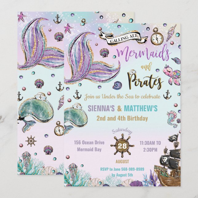 Invitation Mermaids et Pirates Anniversaire conjoint sous la  (Devant / Derrière)