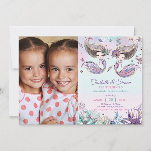 Invitation Mermaids jumeaux soeurs fête d'anniversaire Photo (Devant)