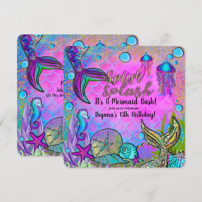 Invitation Mermaids & Sea Shells sous la mer Anniversaire (Devant / Derrière)