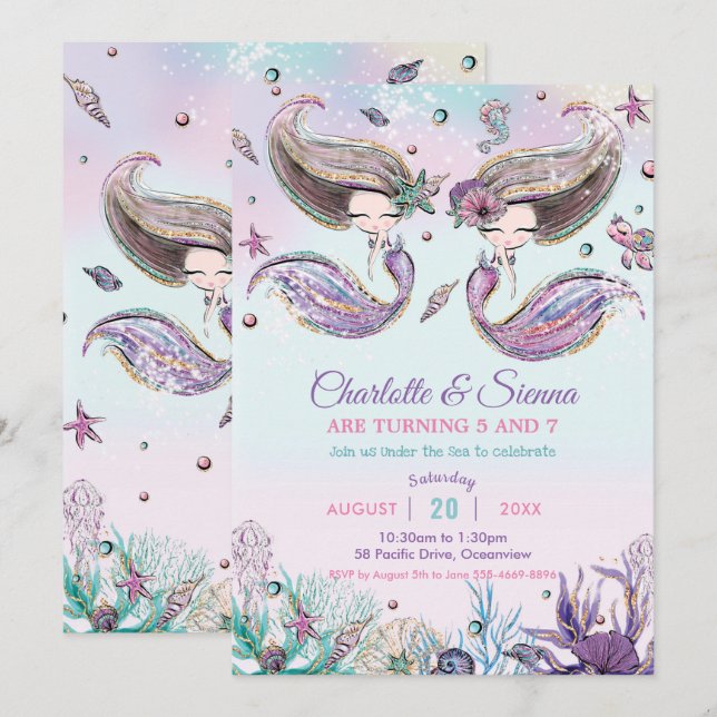Invitation Mermaids Under the Sea Twins Soeurs Anniversaire (Devant / Derrière)