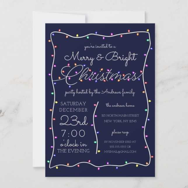 Invitation Merry and Bright Neon Glow Lights Border Christmas (Devant)